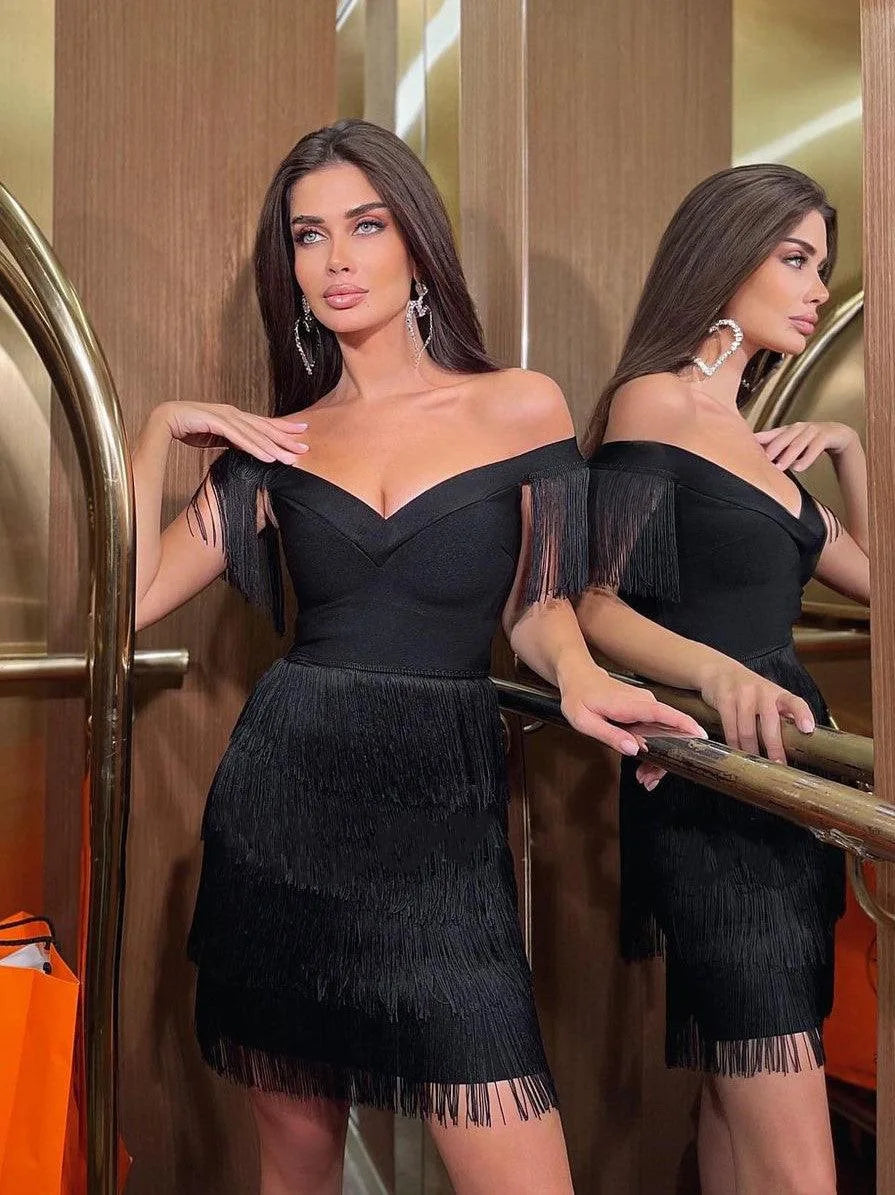 Abiti da sera da donna Sexy grande scollo a V gonna monospalla con frange abito da donna temperamento Slim manica corta abito da Club abiti