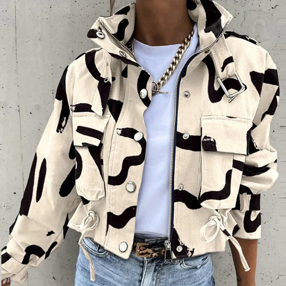 Giacche Cappotti da donna Cappotto con colletto alla coreana Stampa con cerniera Y2k Top Streetwear Capispalla casual Giacca da lavoro primaverile monopetto