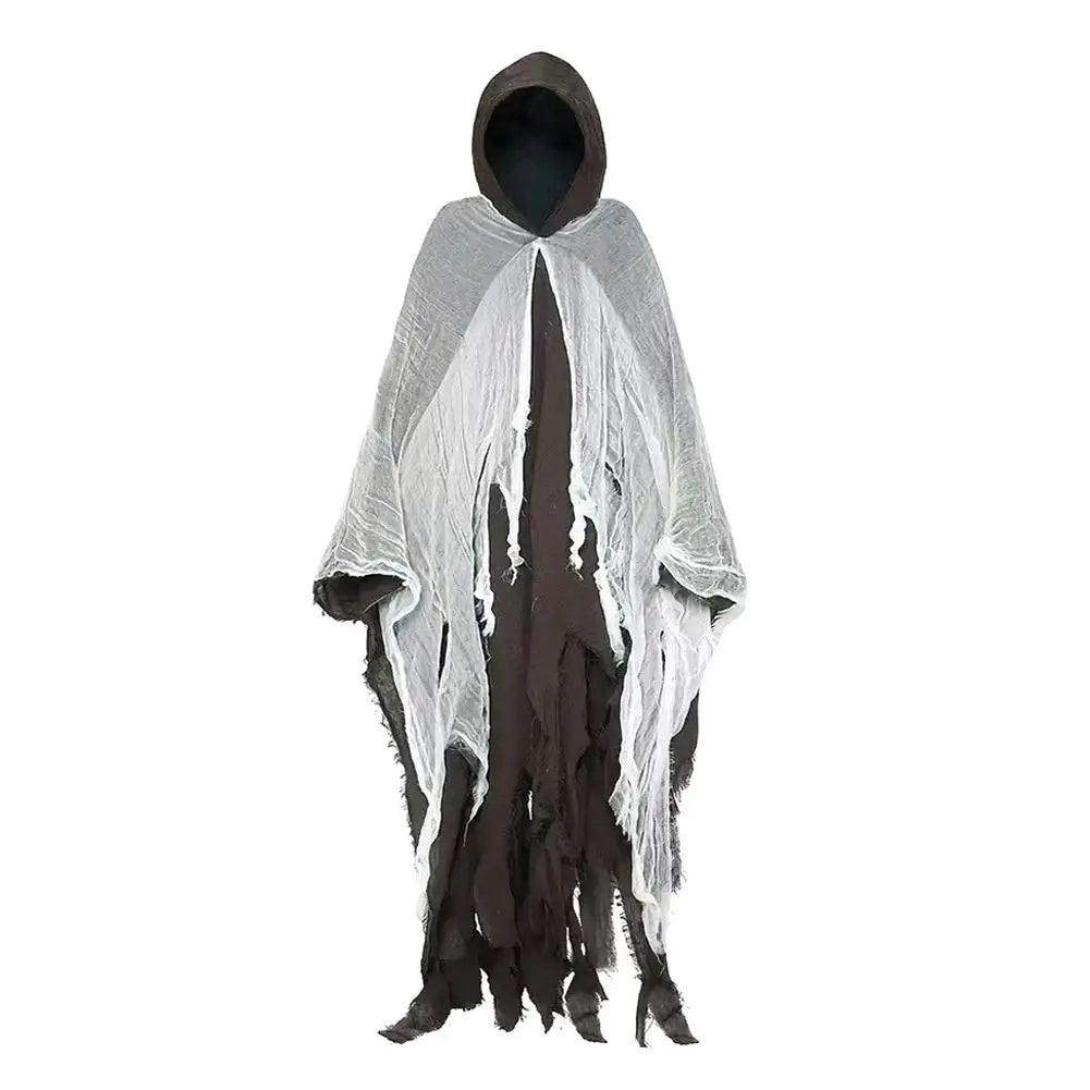 Costumi di Halloween per adulti, mantello da fantasma spaventoso con cappuccio, vestito cosplay da mantello da strega zombie Grim Reaper per la parte di Halloween