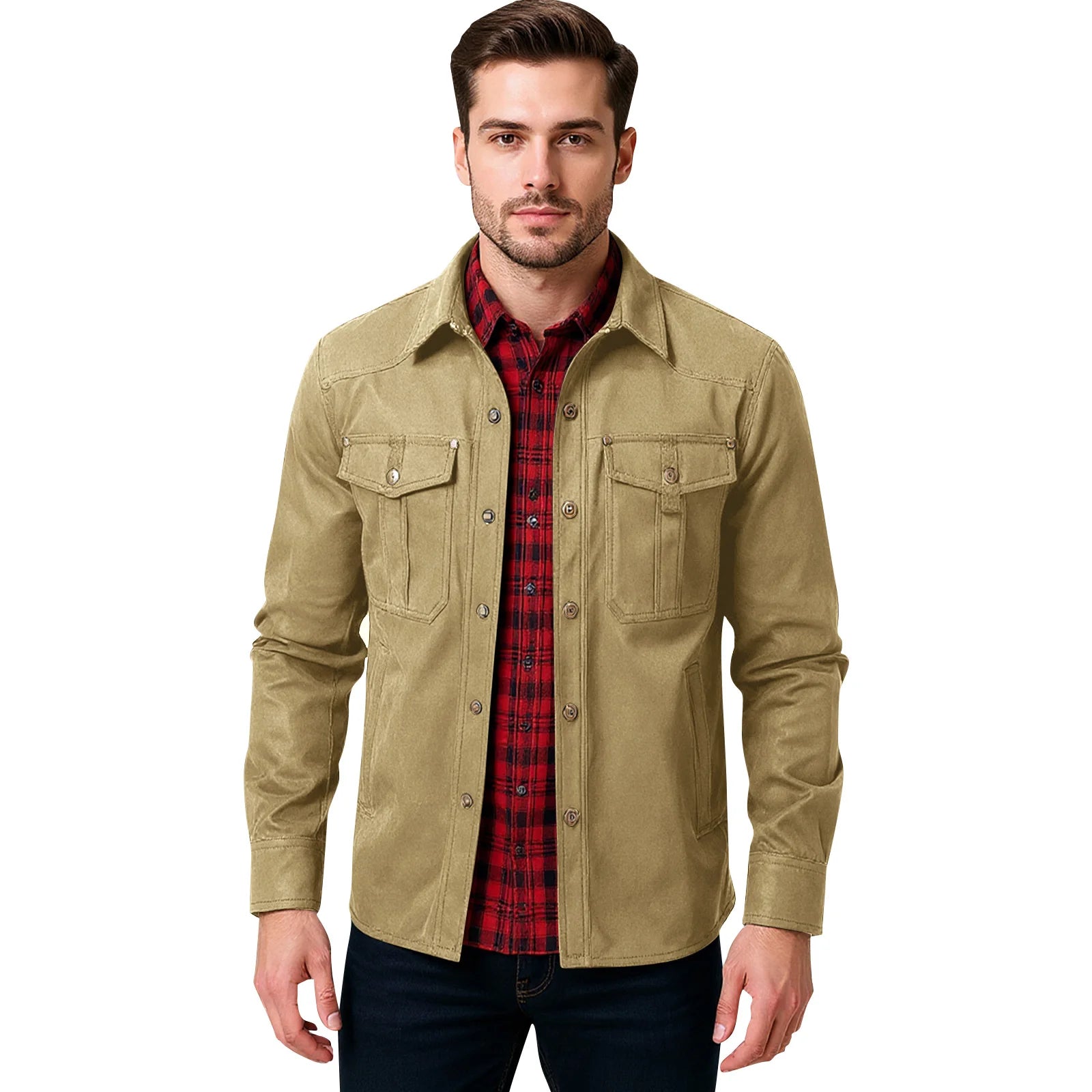 Giacca da uomo casual Giacche da uomo Cappotto da camicia foderato in flanella primaverile Giacche da uomo Cappotto casual da cowboy occidentale antivento
