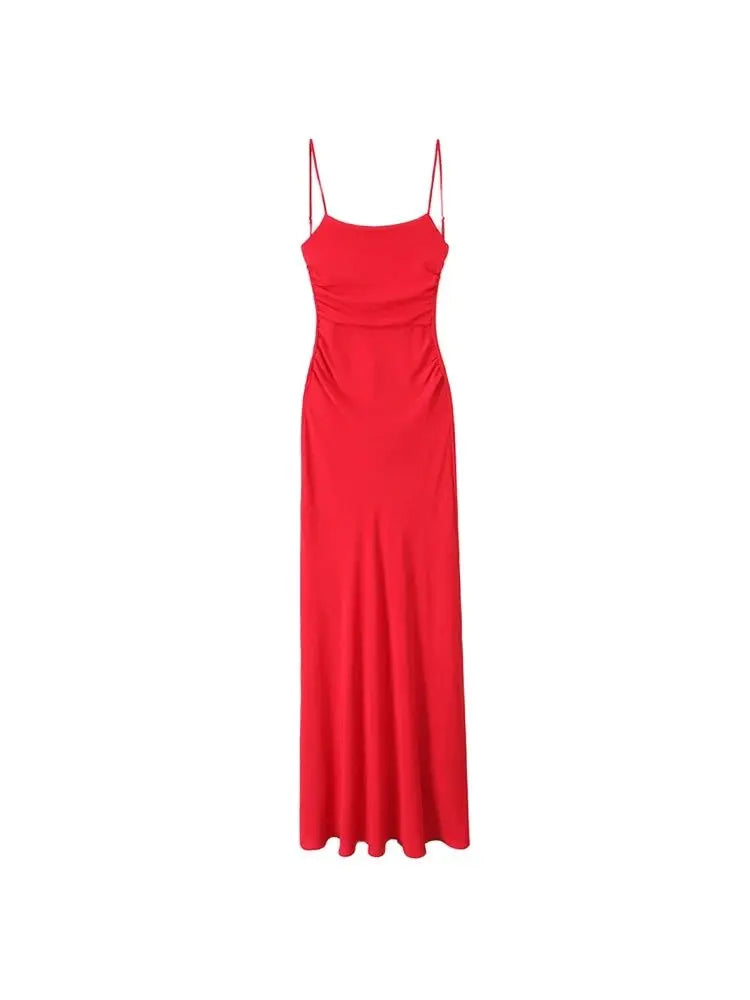 Abito midi drappeggiato da donna, collo dritto, spalline sottili, abiti femminili senza schienale, moda chic