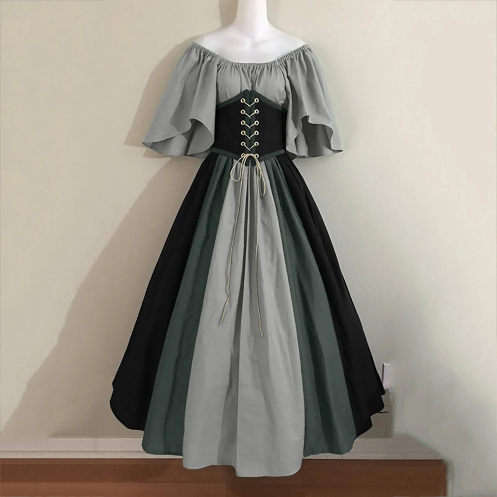 Costumi di Halloween per donna Abito scampanato sottile con colori a contrasto retrò medievale Abito con spalla con una sola parola Love Live Cosplay