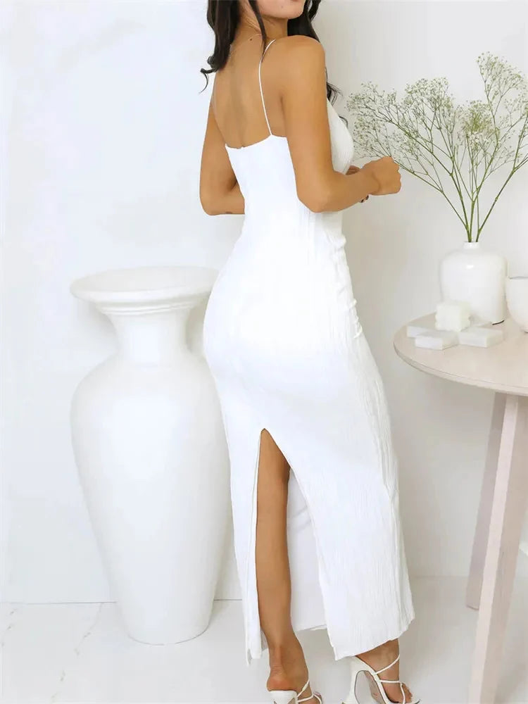 Abito lungo da donna sexy increspato senza maniche sottile solido festa estiva abito diviso sul retro Clubwear abiti vestido femminili