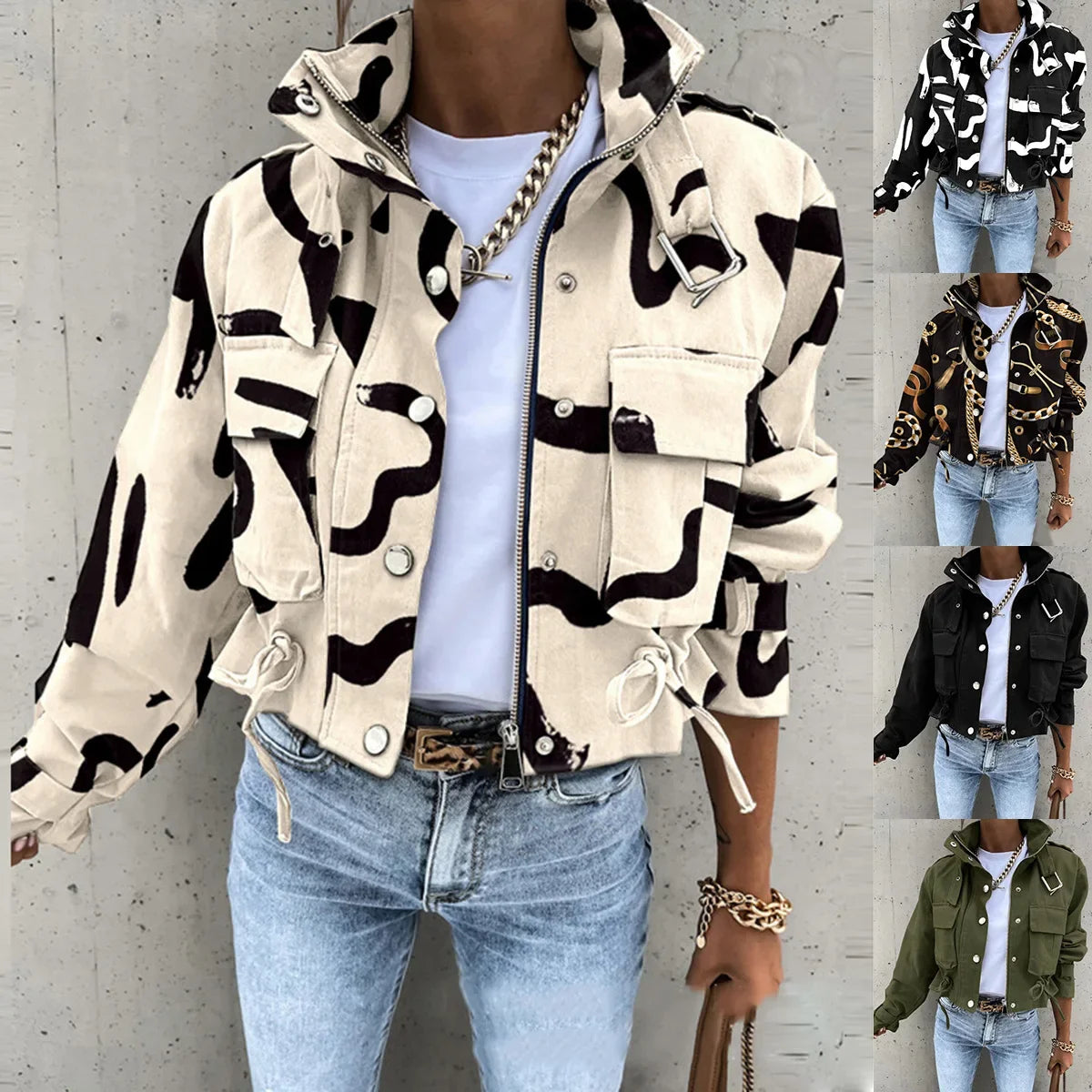Giacche Cappotti da donna Cappotto con colletto alla coreana Stampa con cerniera Y2k Top Streetwear Capispalla casual Giacca da lavoro primaverile monopetto