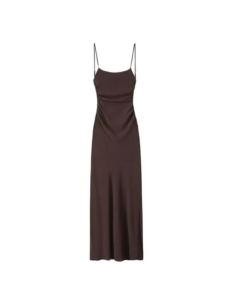 Abito midi drappeggiato da donna, collo dritto, spalline sottili, abiti femminili senza schienale, moda chic