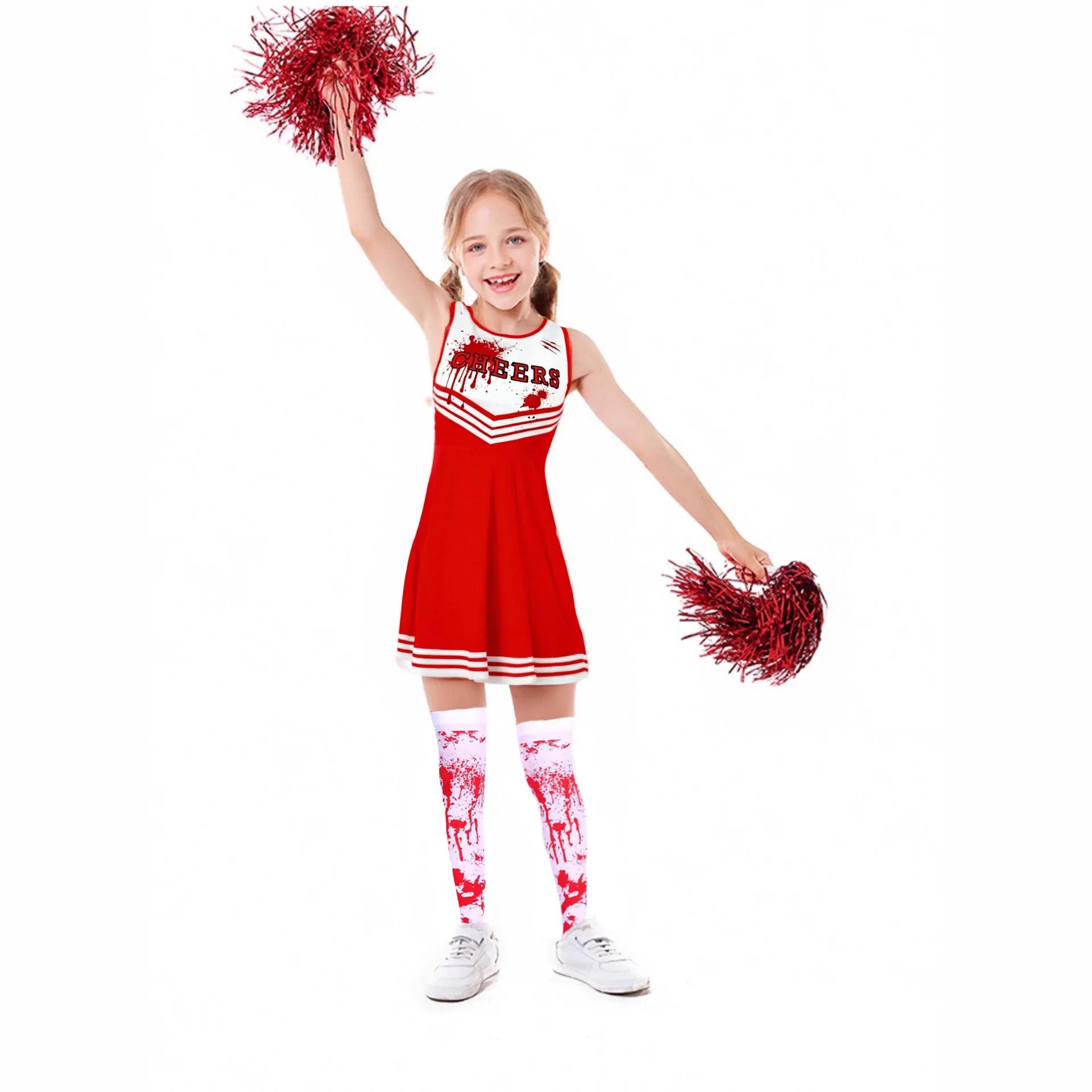 Costumi per feste di Halloween Abbigliamento cosplay sangue spaventoso Bambini Ragazze Stampa digitale Cheerleader Abito per bambini Abito con fiori a mano