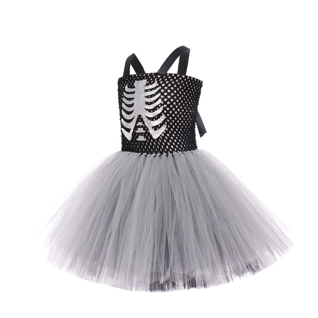 Costumi da terrore di Halloween per ragazze Abiti spaventosi da fantasma bianco nero Vestito da tutù fantasia scheletro di Halloween per bambini