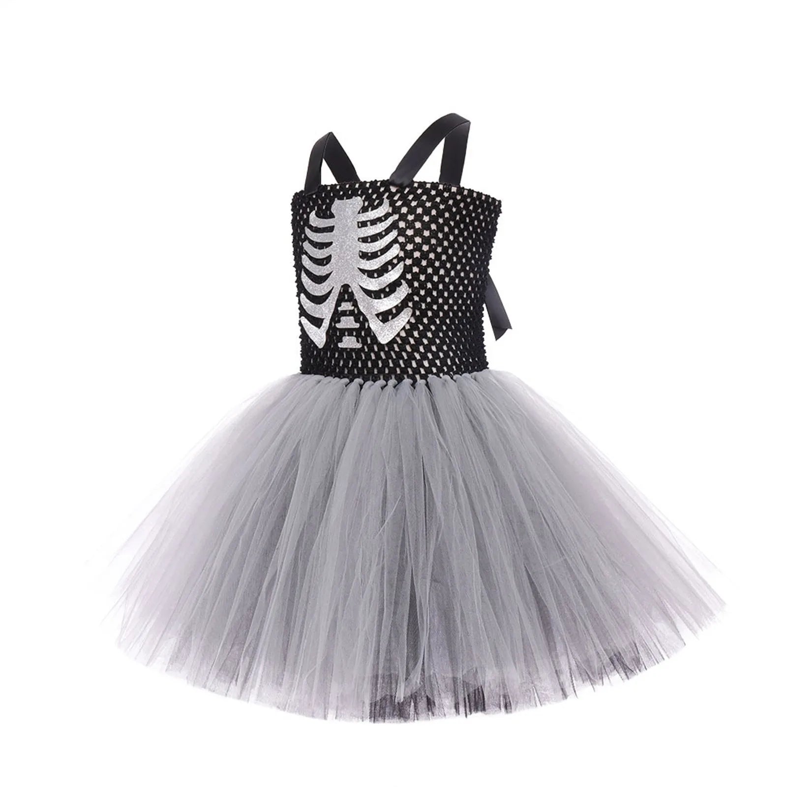 Costumi da terrore di Halloween per ragazze Abiti spaventosi da fantasma bianco nero Vestito da tutù fantasia scheletro di Halloween per bambini