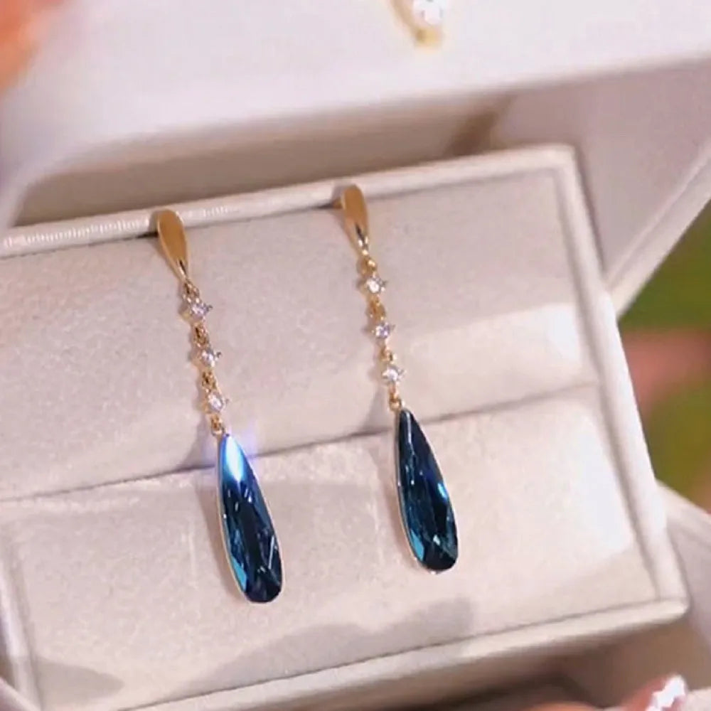 Orecchini pendenti in cristallo blu lucido alla moda per le donne moda semplice ciondolo a goccia d'acqua orecchino ragazza festa gioielli da sposa regali