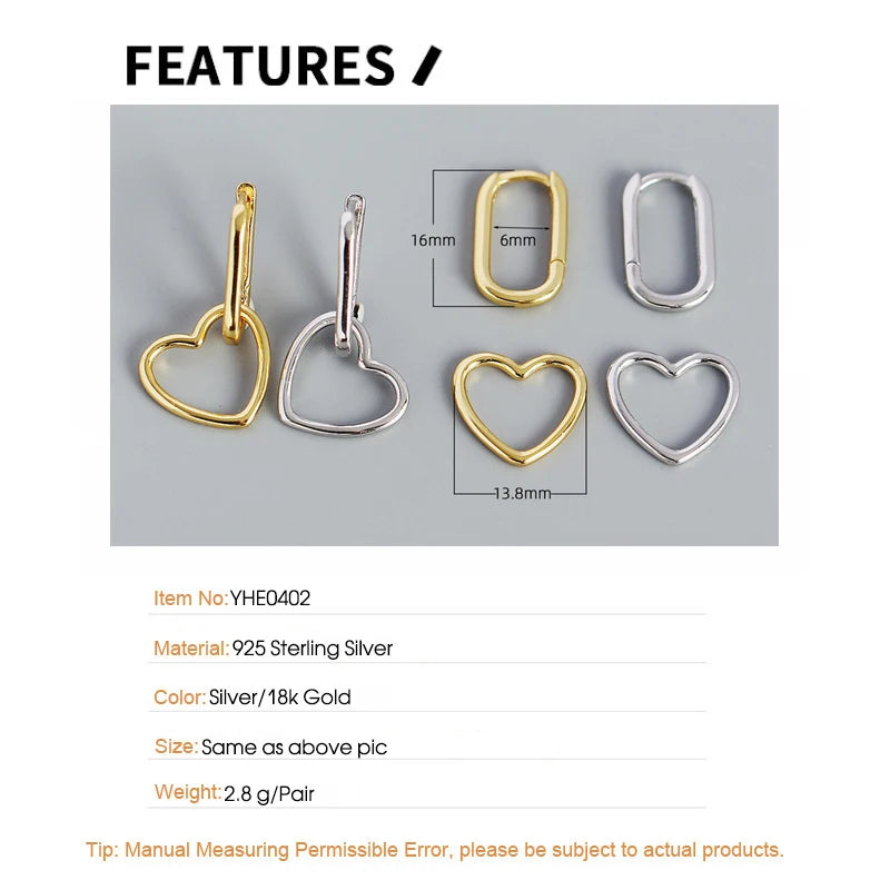 FINS Minimalista Reale S925 Sterling Silver Ovale a Forma di Cuore Orecchini a pendaglio Geometrica Liscia Cerchi Pendientes Plata 925 Gioielli