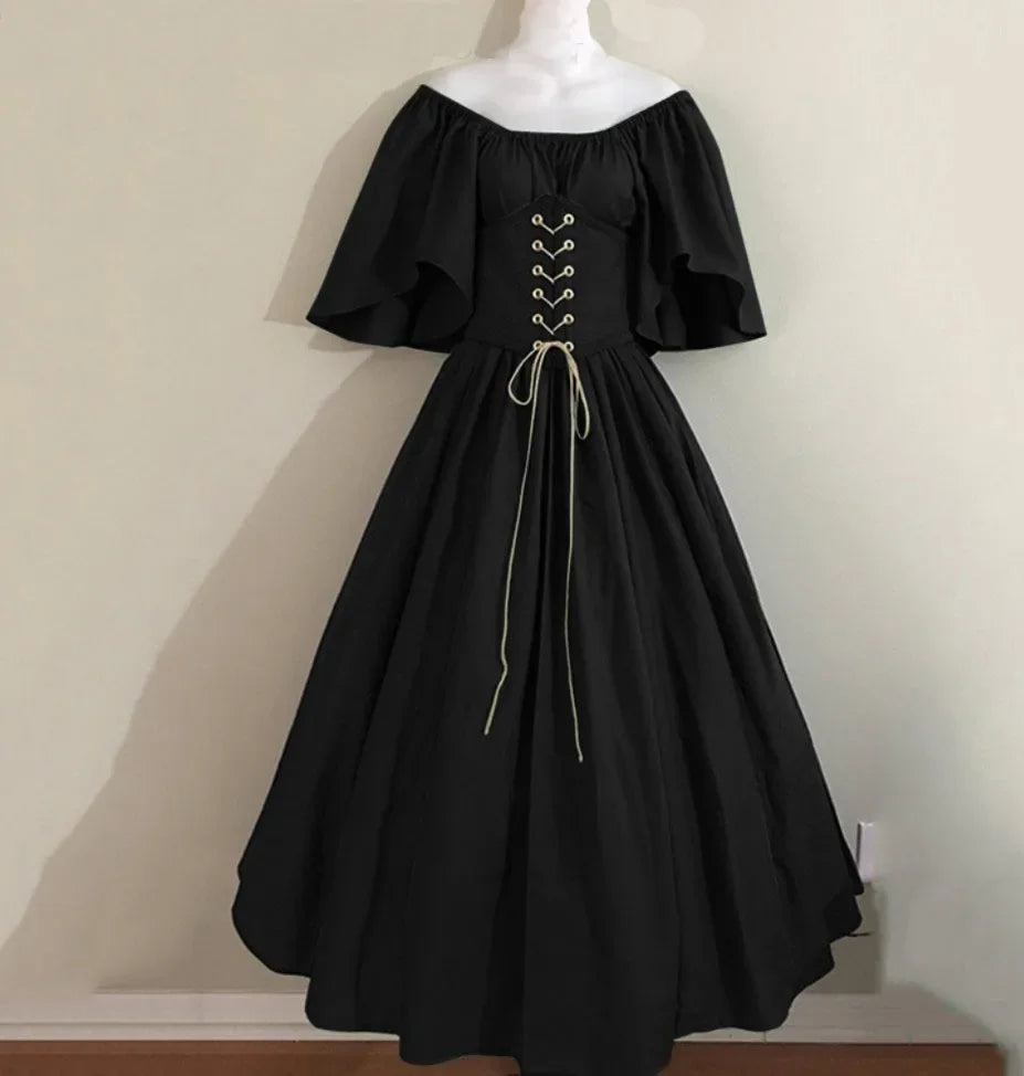 Costumi di Halloween per donna Abito scampanato sottile con colori a contrasto retrò medievale Abito con spalla con una sola parola Love Live Cosplay