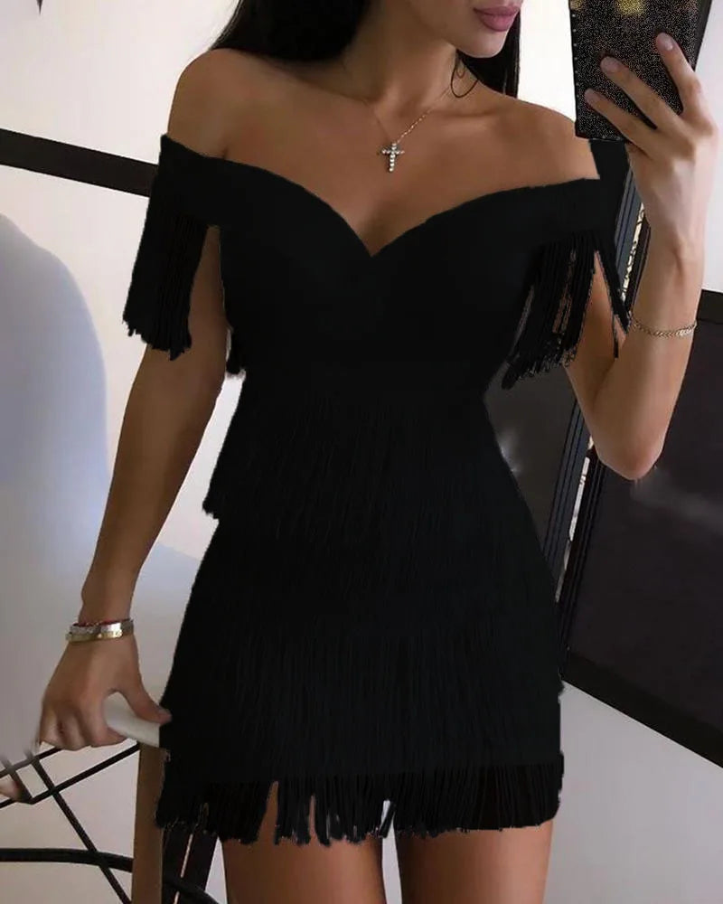 Abiti da sera da donna Sexy grande scollo a V gonna monospalla con frange abito da donna temperamento Slim manica corta abito da Club abiti