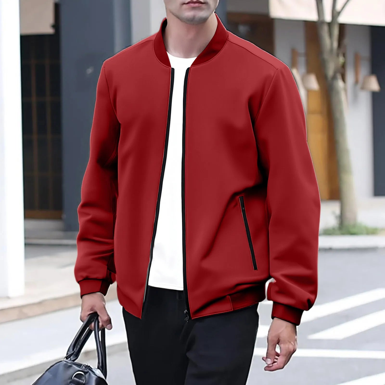 Giacca da baseball da uomo Giacca Top con orlo in colore a contrasto Design semplice Colletto da baseball Stile Abbigliamento quotidiano Primavera Autunno All-Match Basic