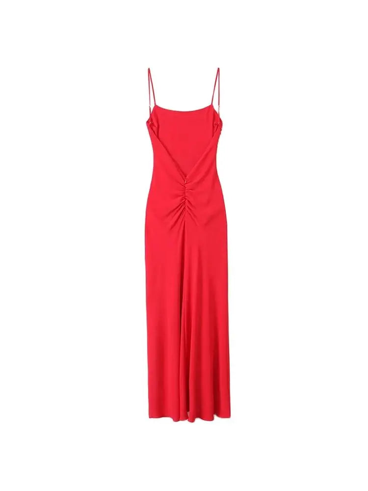 Abito midi drappeggiato da donna, collo dritto, spalline sottili, abiti femminili senza schienale, moda chic