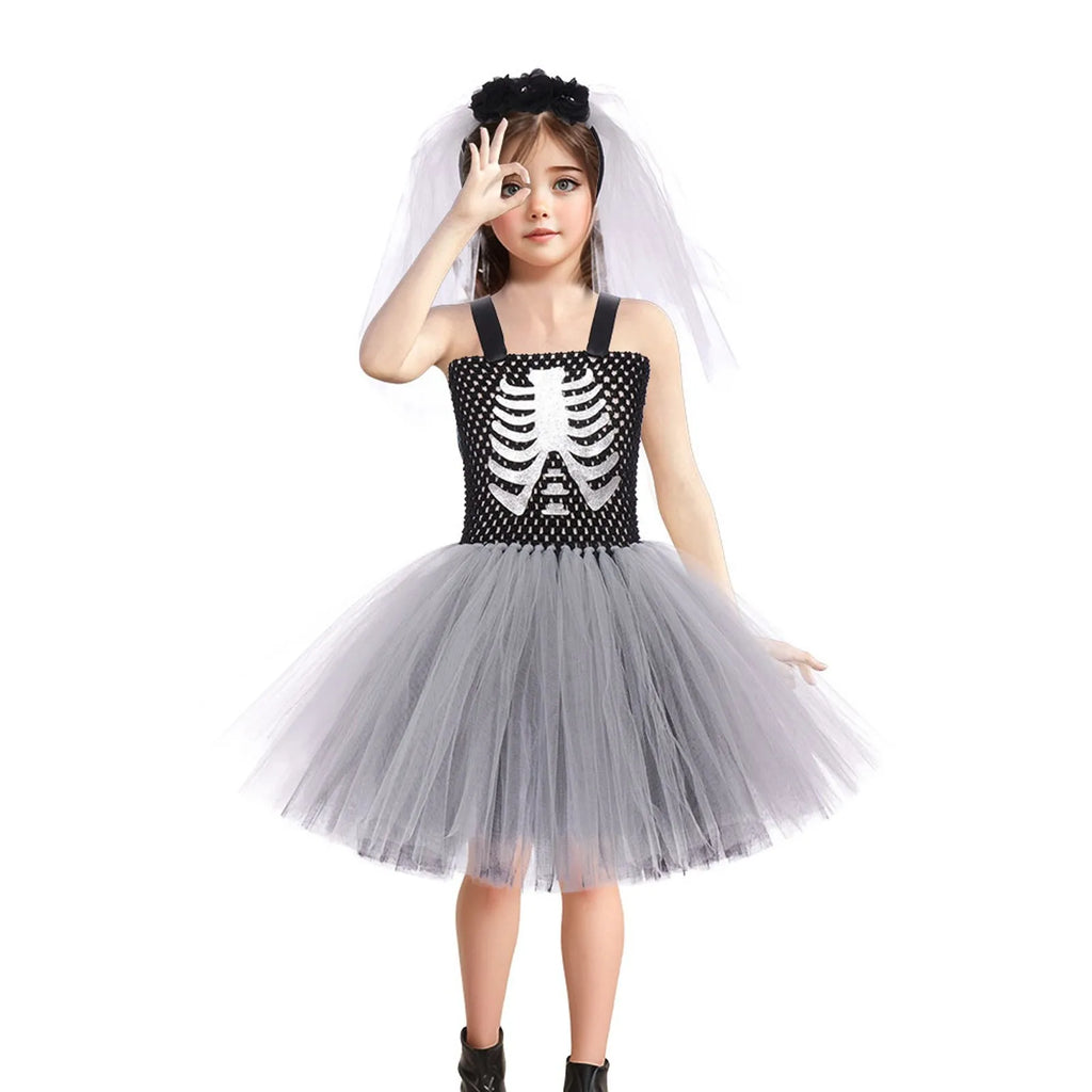 Costumi da terrore di Halloween per ragazze Abiti spaventosi da fantasma bianco nero Vestito da tutù fantasia scheletro di Halloween per bambini