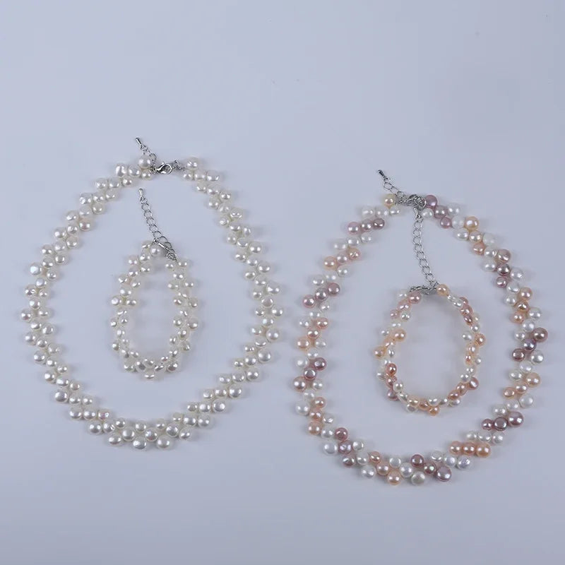 Bellissimi tre file 6-7-8mm bottone perle naturali coltivate perle d'acqua dolce collana braccialetto set regali set di gioielli di perle