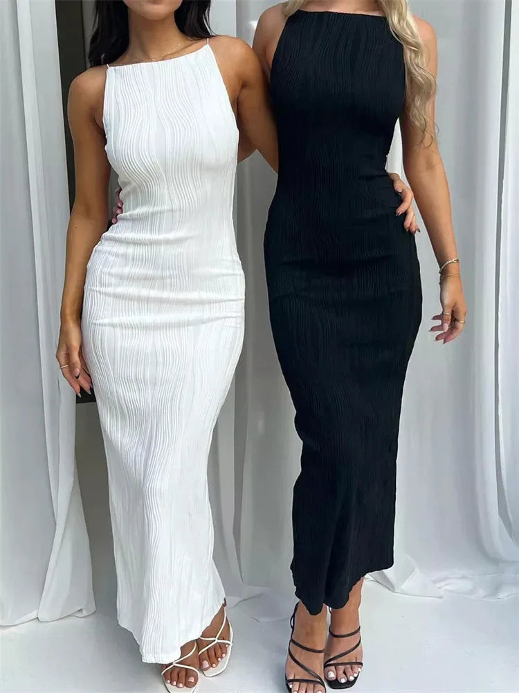 Abito lungo da donna sexy increspato senza maniche sottile solido festa estiva abito diviso sul retro Clubwear abiti vestido femminili