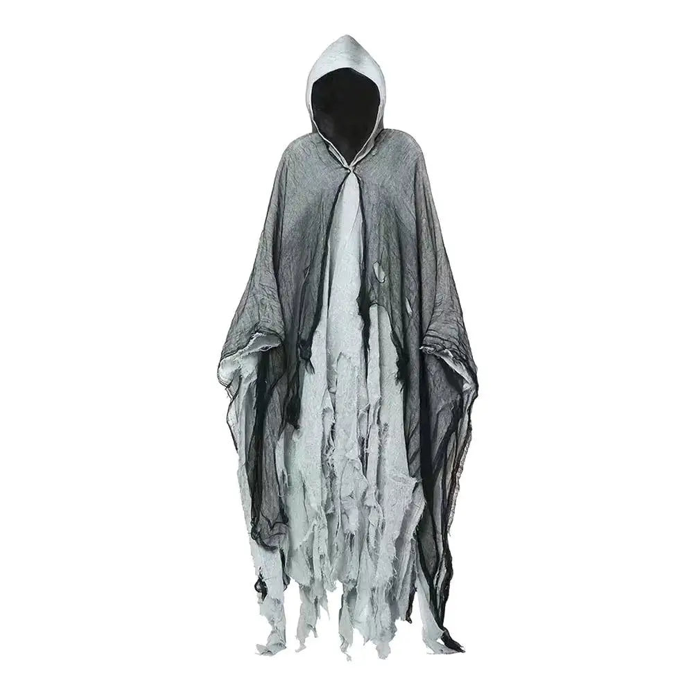Costumi di Halloween per adulti, mantello da fantasma spaventoso con cappuccio, vestito cosplay da mantello da strega zombie Grim Reaper per la parte di Halloween