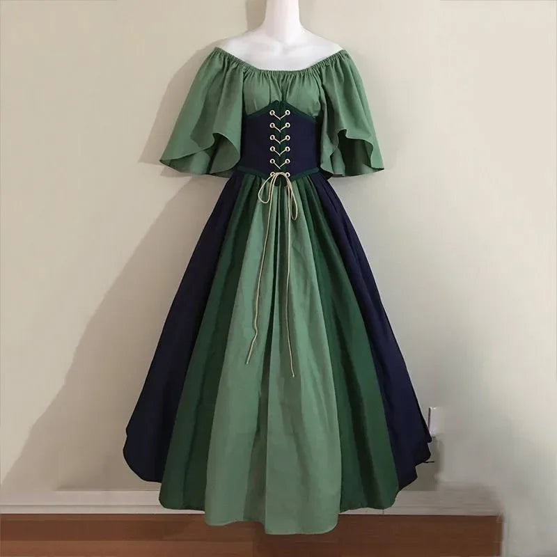 Costumi di Halloween per donna Abito scampanato sottile con colori a contrasto retrò medievale Abito con spalla con una sola parola Love Live Cosplay