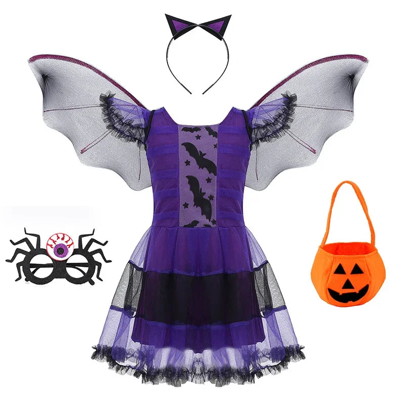 Costume di Halloween per bambini Costume da vampiro fantasy di Halloween Vestito lungo da tutu per ragazze Vestito da carnevale per bambini Abiti di piume gotiche