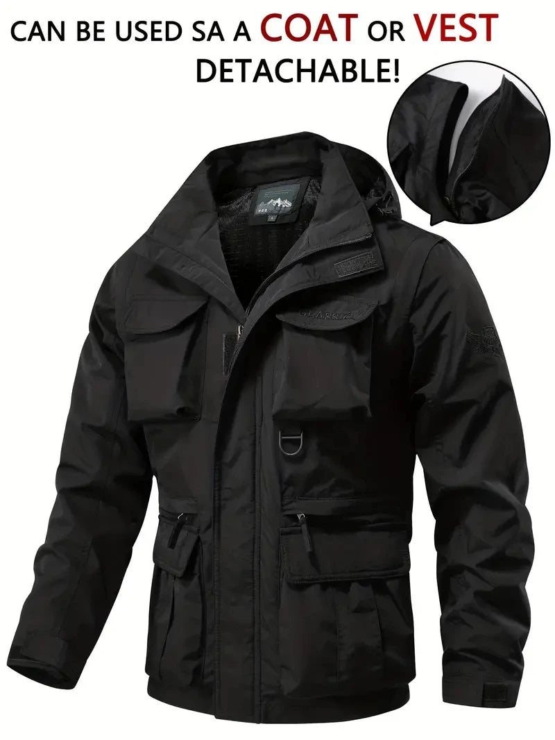 Giacca con cappuccio staccabile con maniche antivento adatta per attività all'aperto gilet multitasche impermeabile casual da uomo