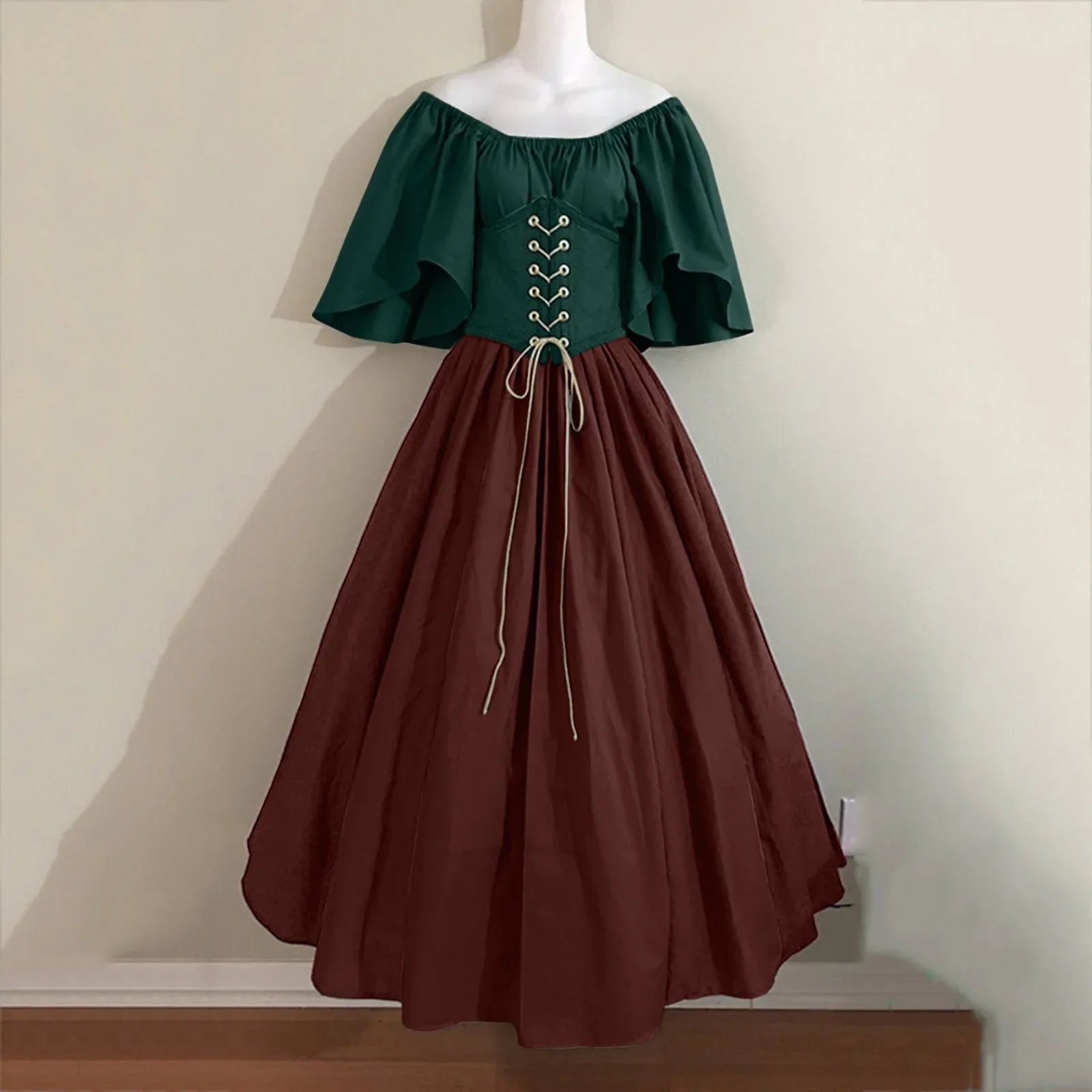 Costumi di Halloween per donna Abito scampanato sottile con colori a contrasto retrò medievale Abito con spalla con una sola parola Love Live Cosplay