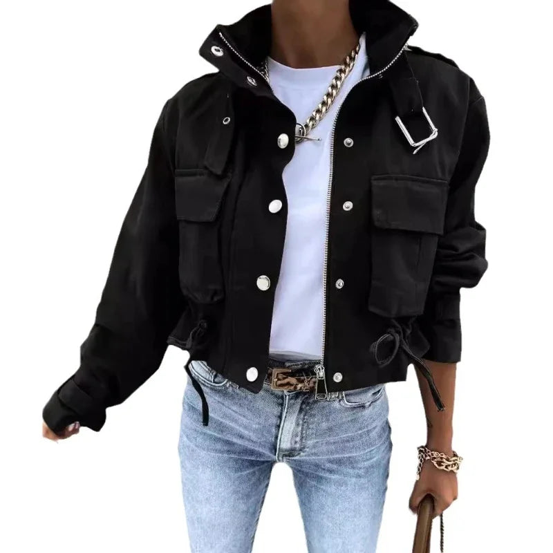 Giacche Cappotti da donna Cappotto con colletto alla coreana Stampa con cerniera Y2k Top Streetwear Capispalla casual Giacca da lavoro primaverile monopetto