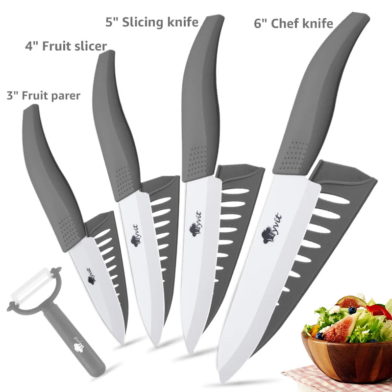 Set di coltelli in ceramica per unità da cucina 3 4 5 6 pollici Utilità per affettare frutta Pelapatate con guaina Lama in zirconia nera Coltello da chef per pane