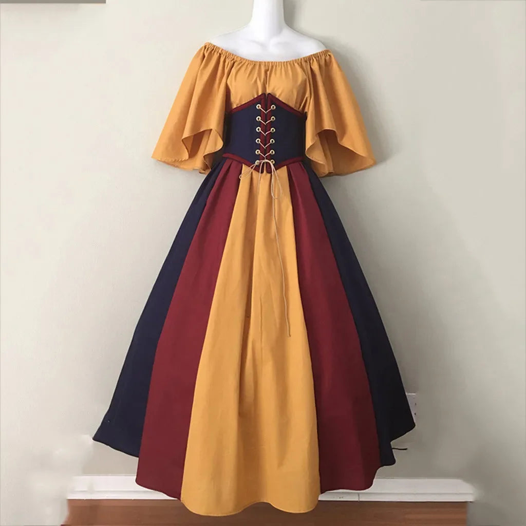 Costumi di Halloween per donna Abito scampanato sottile con colori a contrasto retrò medievale Abito con spalla con una sola parola Love Live Cosplay