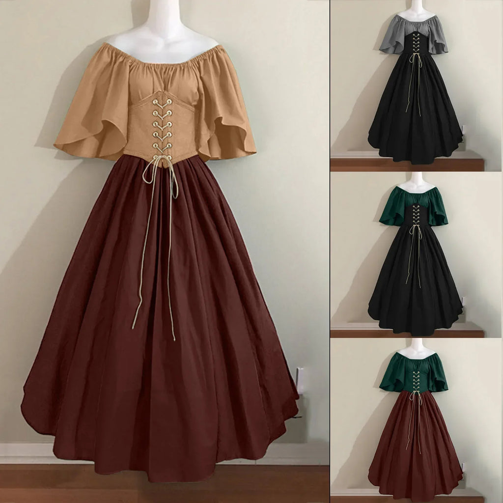 Costumi di Halloween per donna Abito scampanato sottile con colori a contrasto retrò medievale Abito con spalla con una sola parola Love Live Cosplay