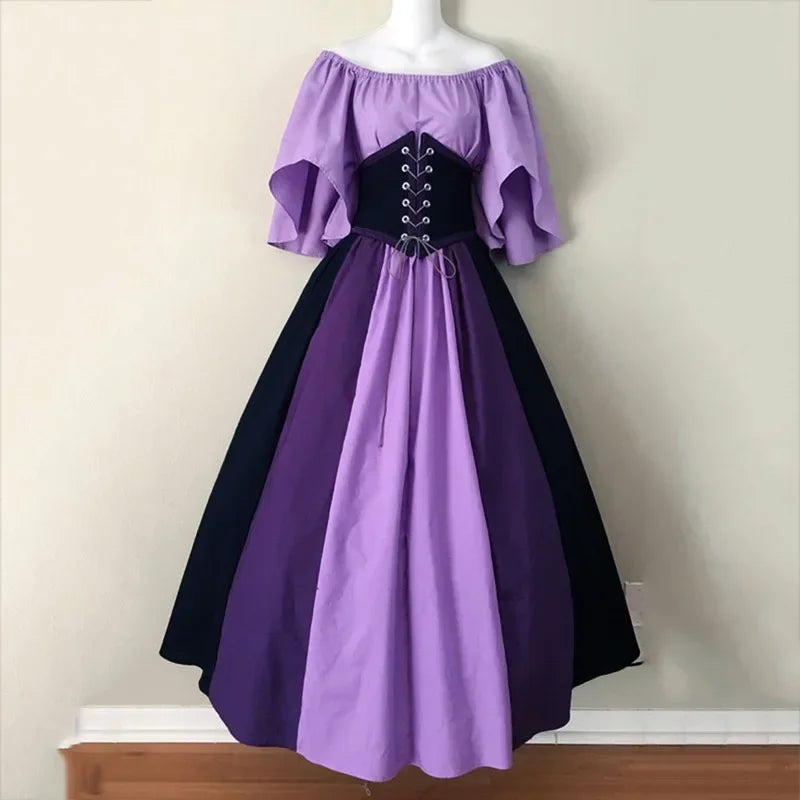 Costumi di Halloween per donna Abito scampanato sottile con colori a contrasto retrò medievale Abito con spalla con una sola parola Love Live Cosplay