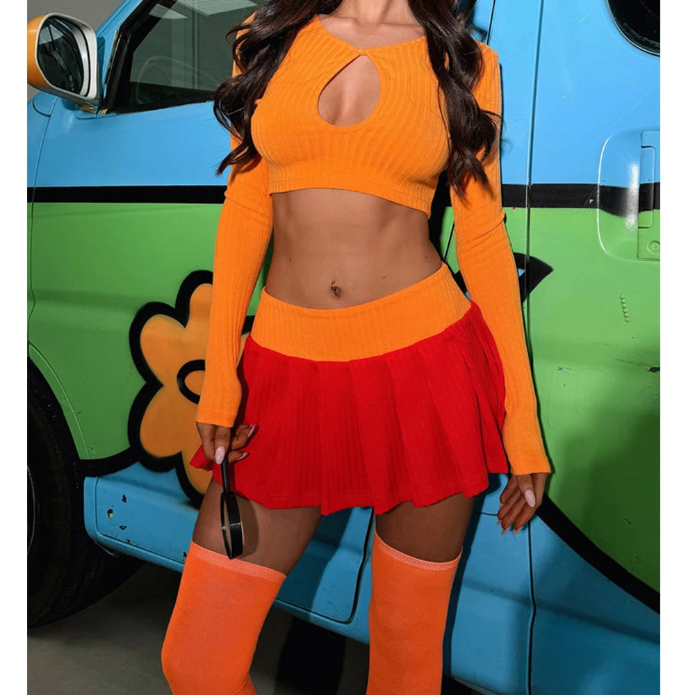 Costume cosplay di Halloween per donna Top corto arancione a maniche lunghe e minigonne a pieghe con calza Clubwear per feste