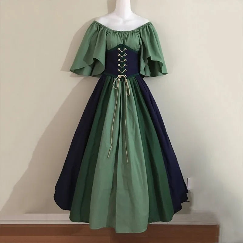 Costumi di Halloween per donna Abito scampanato sottile con colori a contrasto retrò medievale Abito con spalla con una sola parola Love Live Cosplay