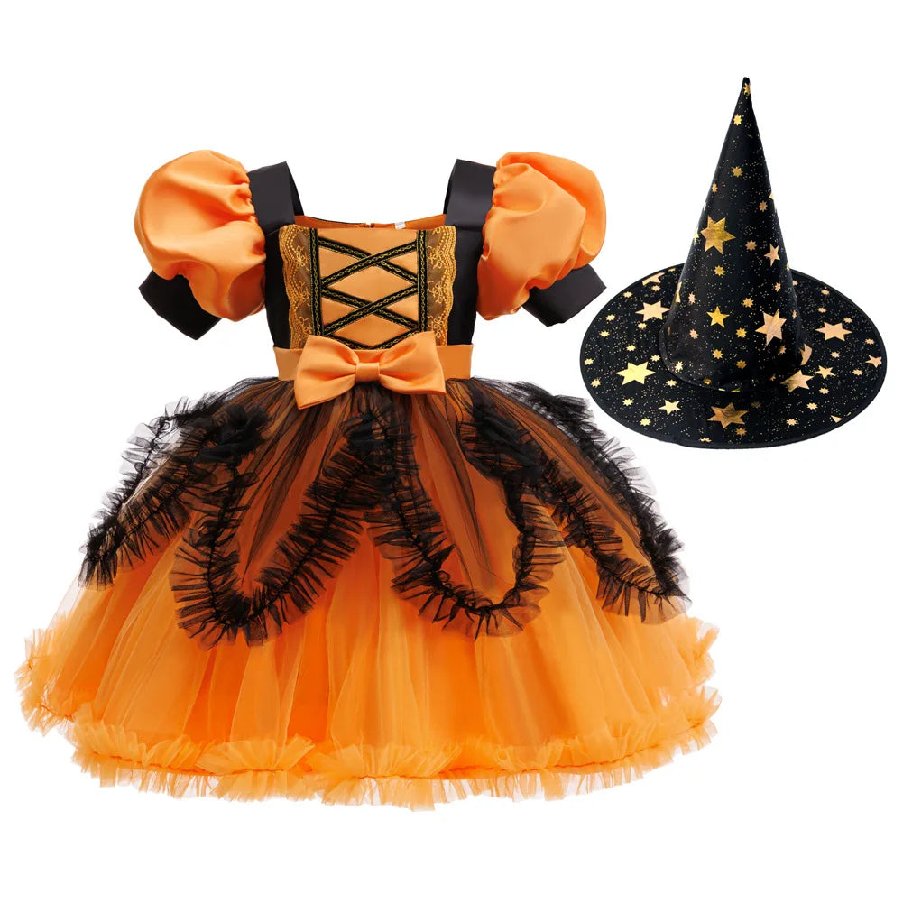 Costume di Halloween per ragazza, performance cosplay, vestito per bambini, vestito arancione + set completo di zucca di costumi per occasioni speciali