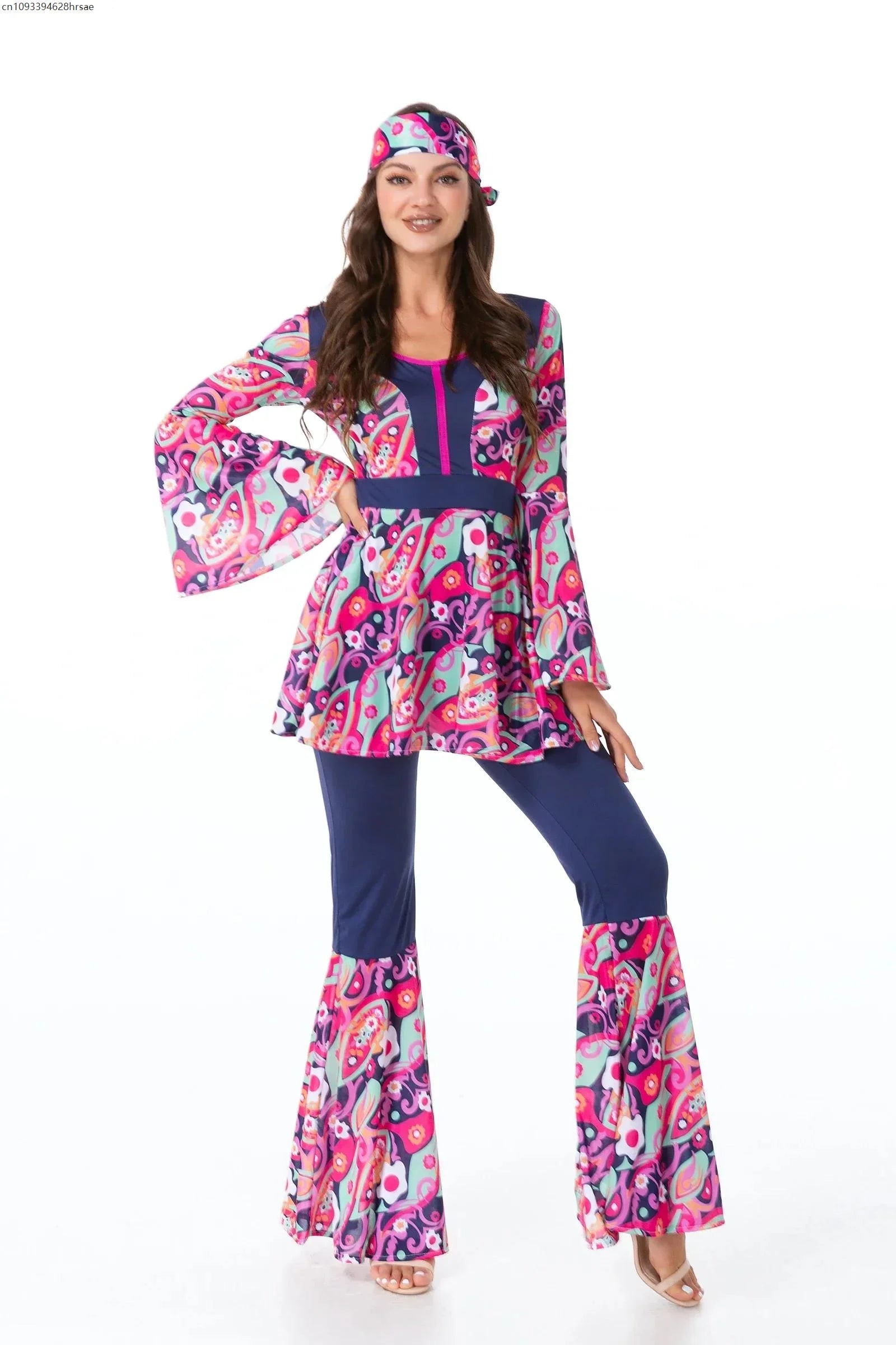 Costume di Halloween anni '70 anni '80 Retro Hippie Go Go Girl Disco Donna Uomo Coppia Viola Fancy Dress Party Amante della pace Hippie Performance