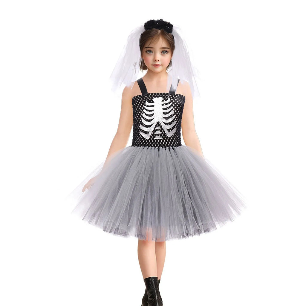 Costumi da terrore di Halloween per ragazze Abiti spaventosi da fantasma bianco nero Vestito da tutù fantasia scheletro di Halloween per bambini