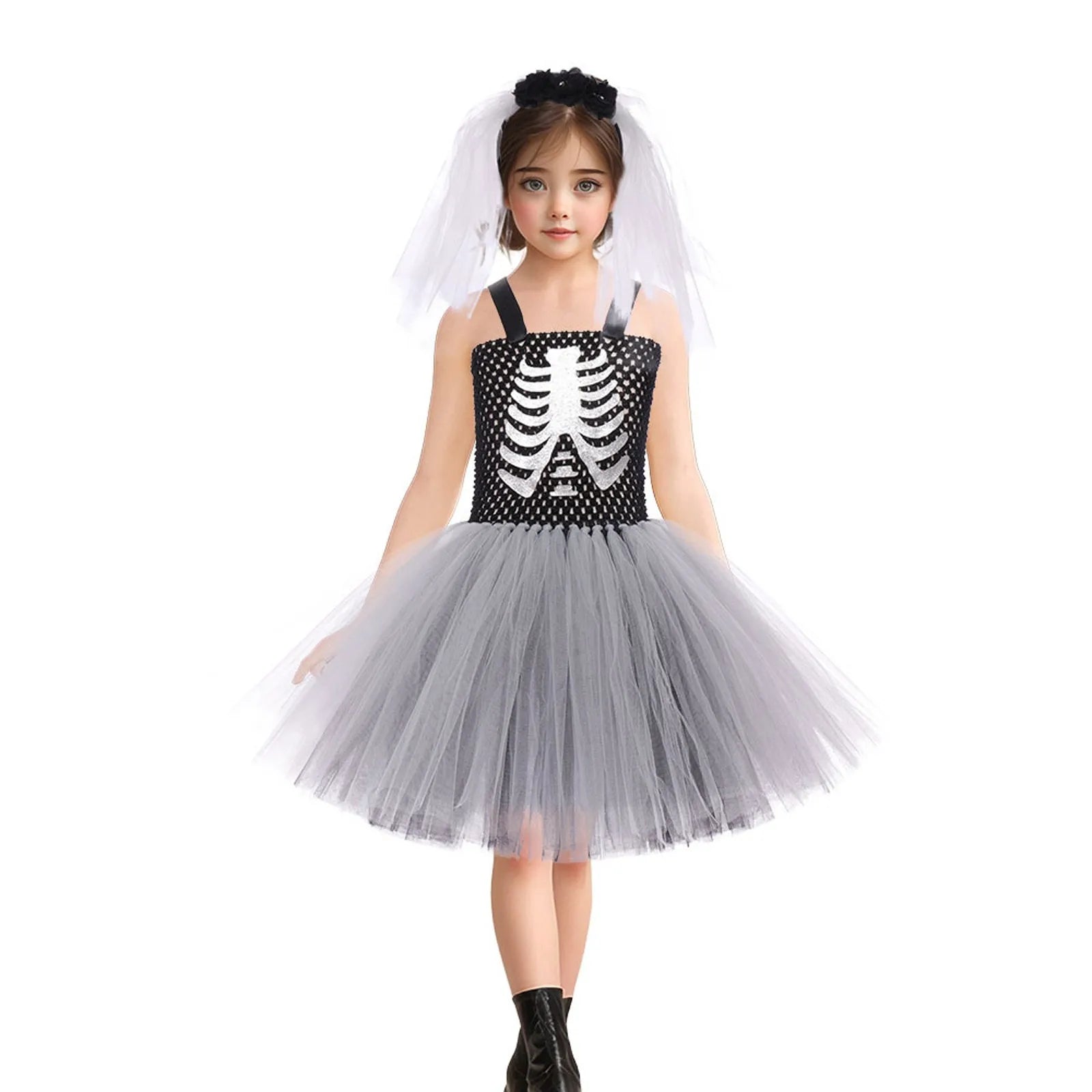 Costumi da terrore di Halloween per ragazze Abiti spaventosi da fantasma bianco nero Vestito da tutù fantasia scheletro di Halloween per bambini