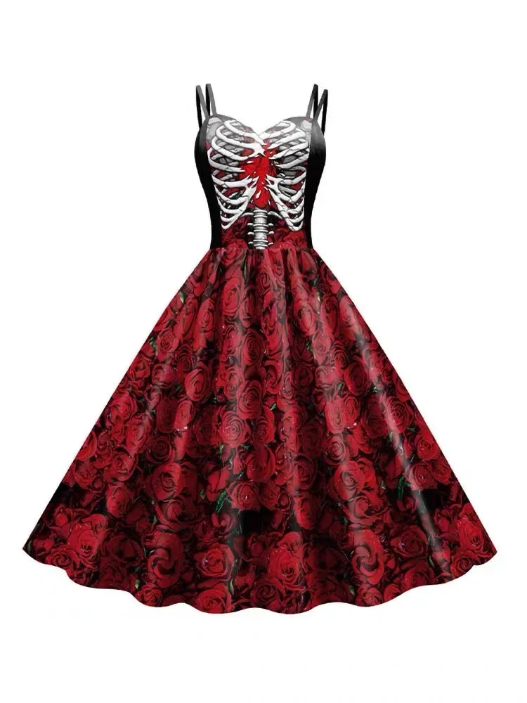Nuovi costumi di Halloween per le donne Abito con stampa teschio Abito senza maniche Tunica Abiti da festa vintage Abiti gotici Vestido in maschera
