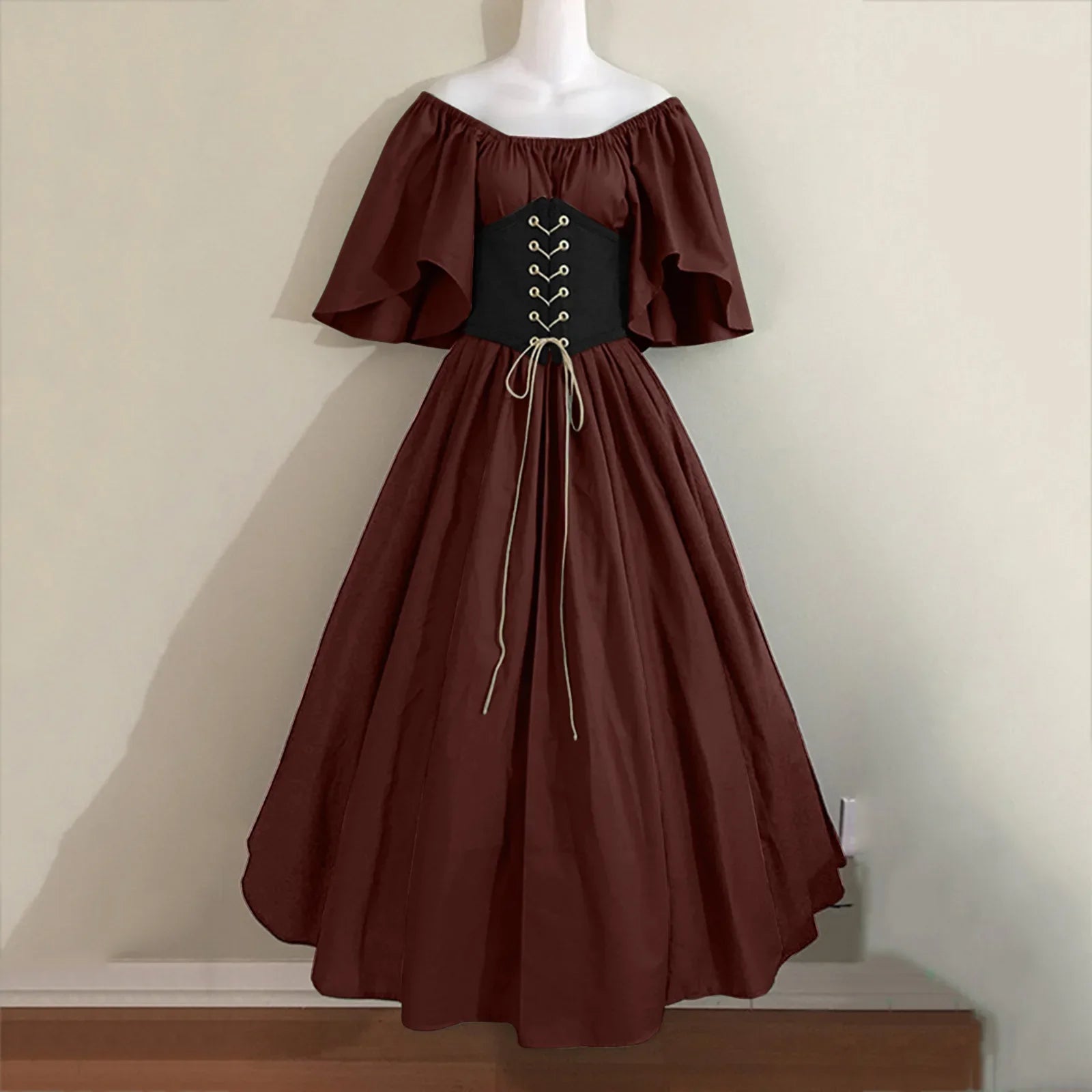 Costumi di Halloween per donna Abito scampanato sottile con colori a contrasto retrò medievale Abito con spalla con una sola parola Love Live Cosplay