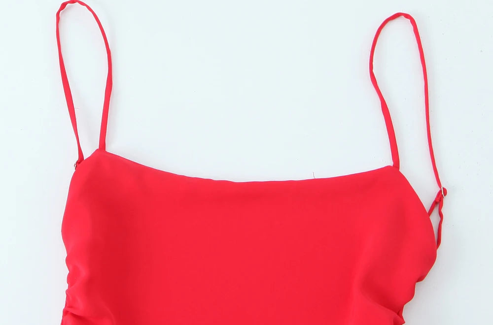 Abito midi drappeggiato da donna, collo dritto, spalline sottili, abiti femminili senza schienale, moda chic
