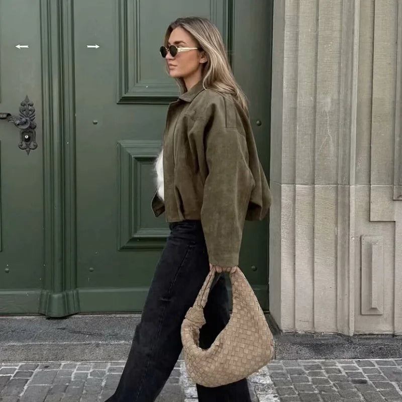 Bomber da donna Cappotti Moda Colletto rovesciato Manica lunga Cappotti larghi Capispalla femminile vintage Top chic