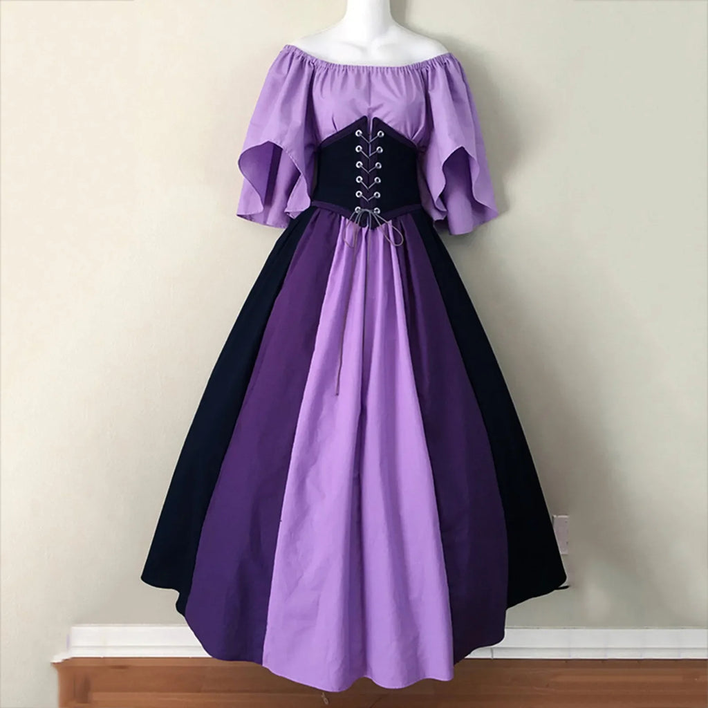 Costumi di Halloween per donna Abito scampanato sottile con colori a contrasto retrò medievale Abito con spalla con una sola parola Love Live Cosplay