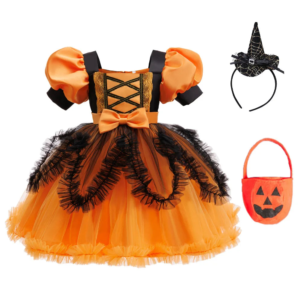 Costume di Halloween per ragazza, performance cosplay, vestito per bambini, vestito arancione + set completo di zucca di costumi per occasioni speciali