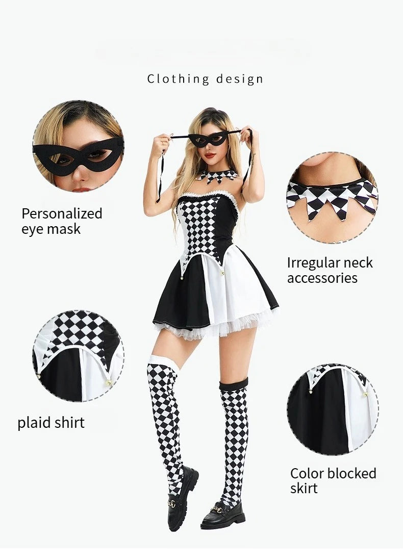 Costumi di Halloween Prestazioni del circo Pagliaccio Abiti da ragazza piccanti sexy per feste di carnevale di streghe a quadretti in bianco e nero