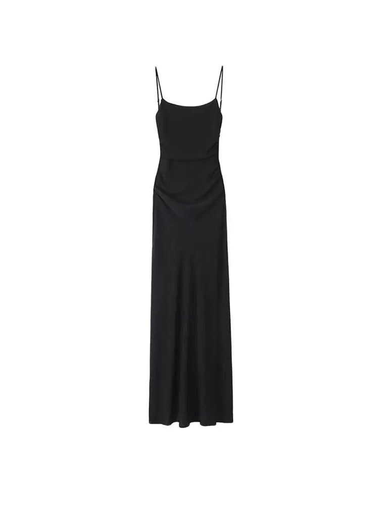 Abito midi drappeggiato da donna, collo dritto, spalline sottili, abiti femminili senza schienale, moda chic