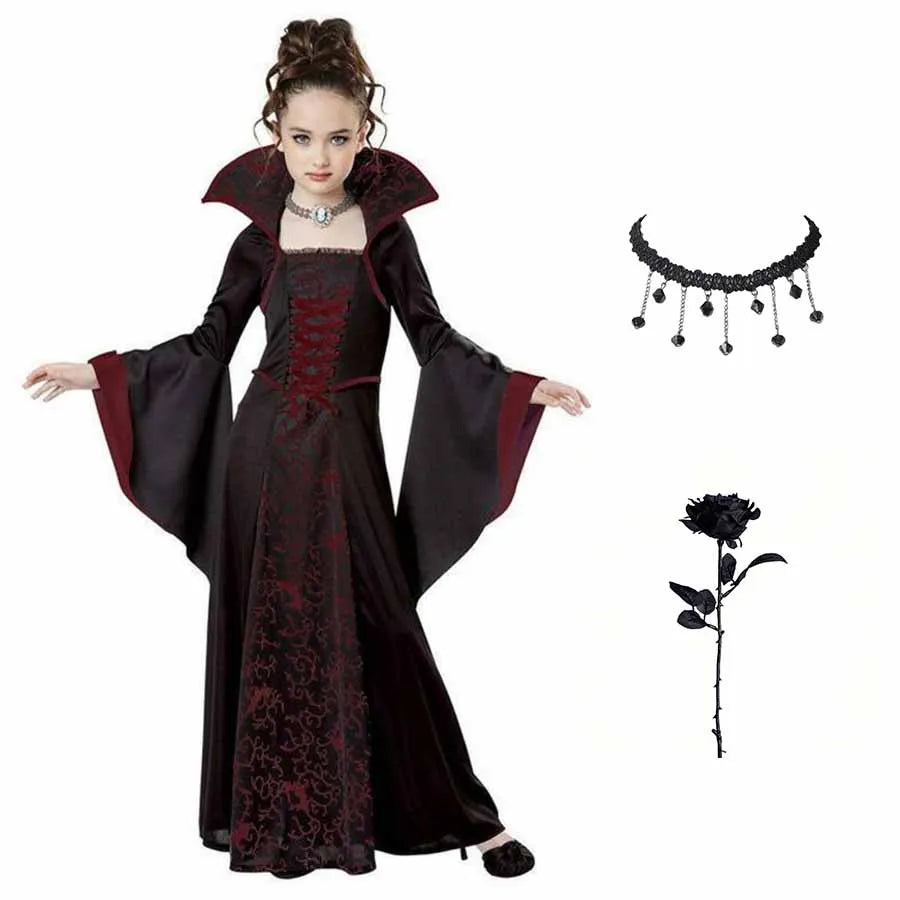 Costume di Halloween per bambini Costume da vampiro fantasy di Halloween Vestito lungo da tutu per ragazze Vestito da carnevale per bambini Abiti di piume gotiche