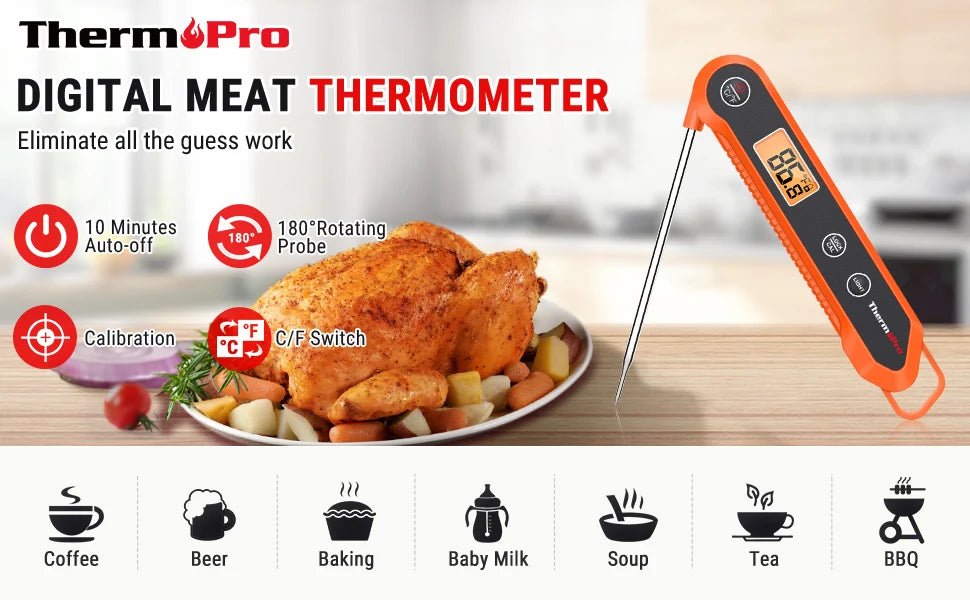 ThermoPro TP03H Termometro per carne da cucina pieghevole per barbecue con retroilluminazione digitale con funzione di blocco