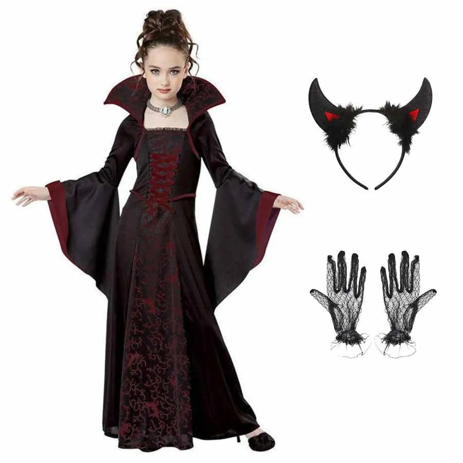 Costume di Halloween per bambini Costume da vampiro fantasy di Halloween Vestito lungo da tutu per ragazze Vestito da carnevale per bambini Abiti di piume gotiche