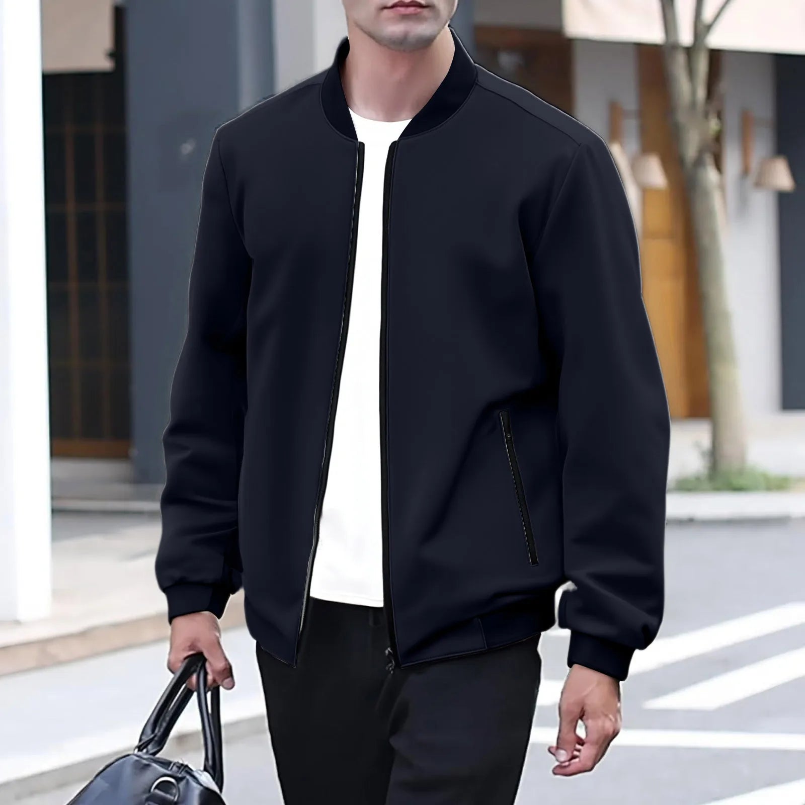 Giacca da baseball da uomo Giacca Top con orlo in colore a contrasto Design semplice Colletto da baseball Stile Abbigliamento quotidiano Primavera Autunno All-Match Basic