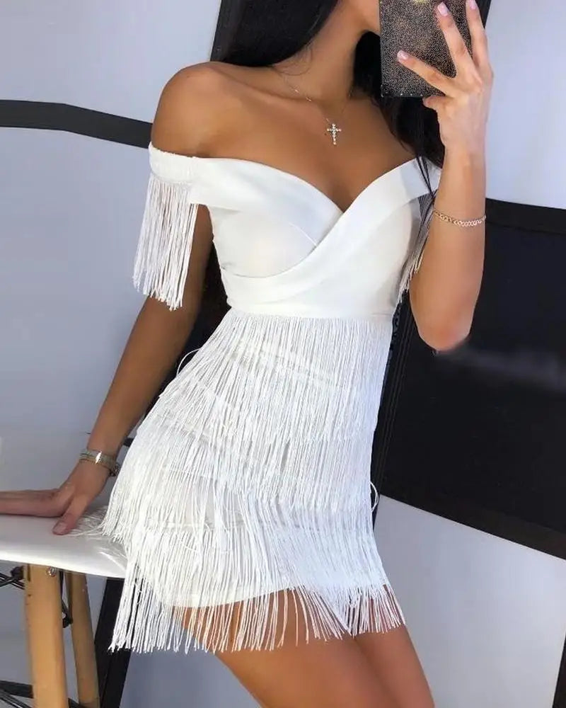 Abiti da sera da donna Sexy grande scollo a V gonna monospalla con frange abito da donna temperamento Slim manica corta abito da Club abiti